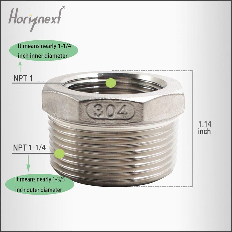 Horiznext npt 1-1/4 to 1 reducing bushing, male to female reducer stainless steel 304 - Image 2